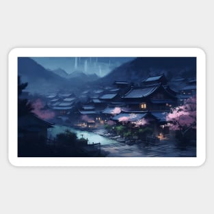 Moonlit Japanese Mountain Village with Cherry Blossom Trees Sticker